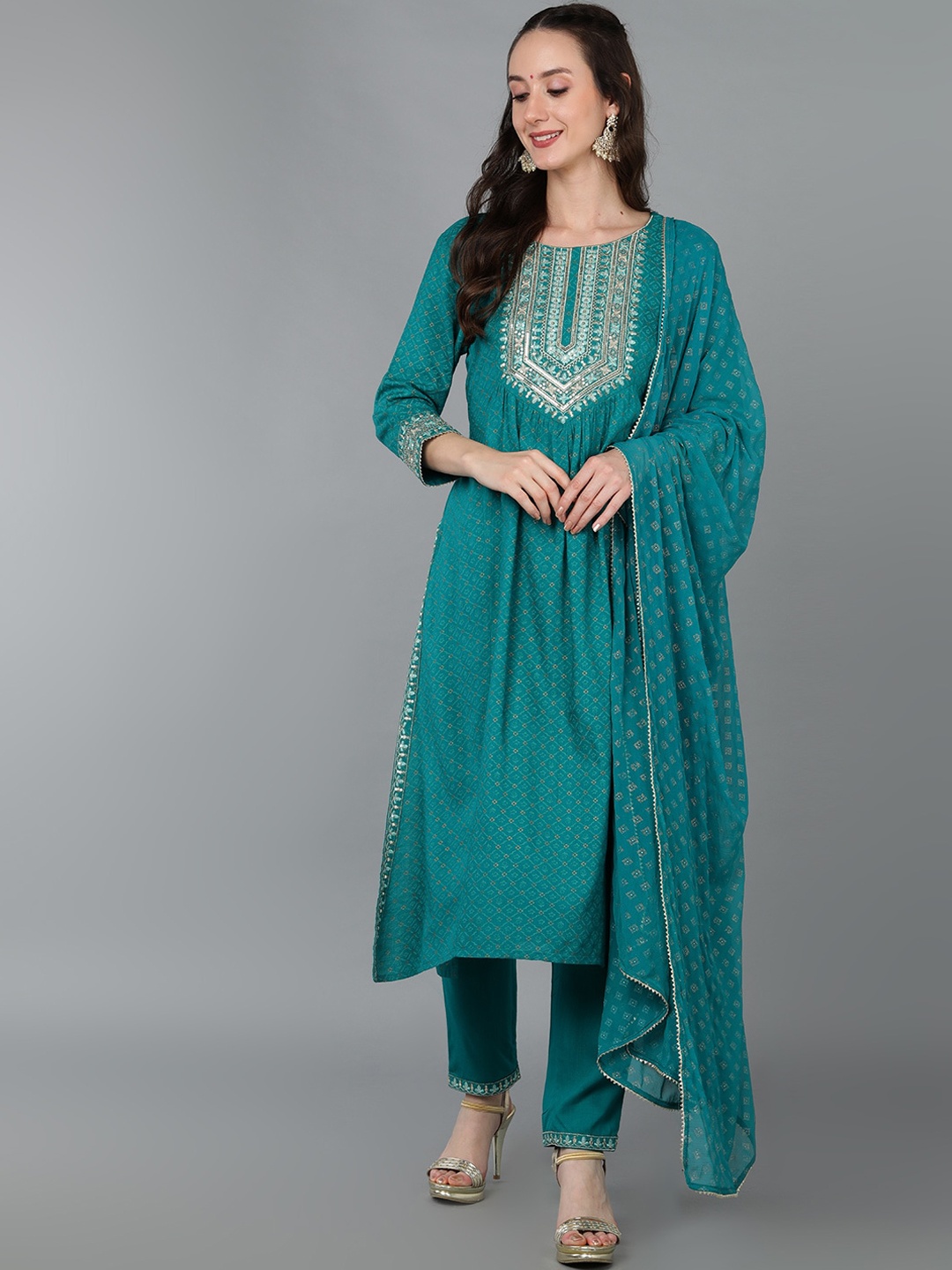 

AHIKA Yoke Design Thread Work Kurta with Trousers & With Dupatta, Sea green