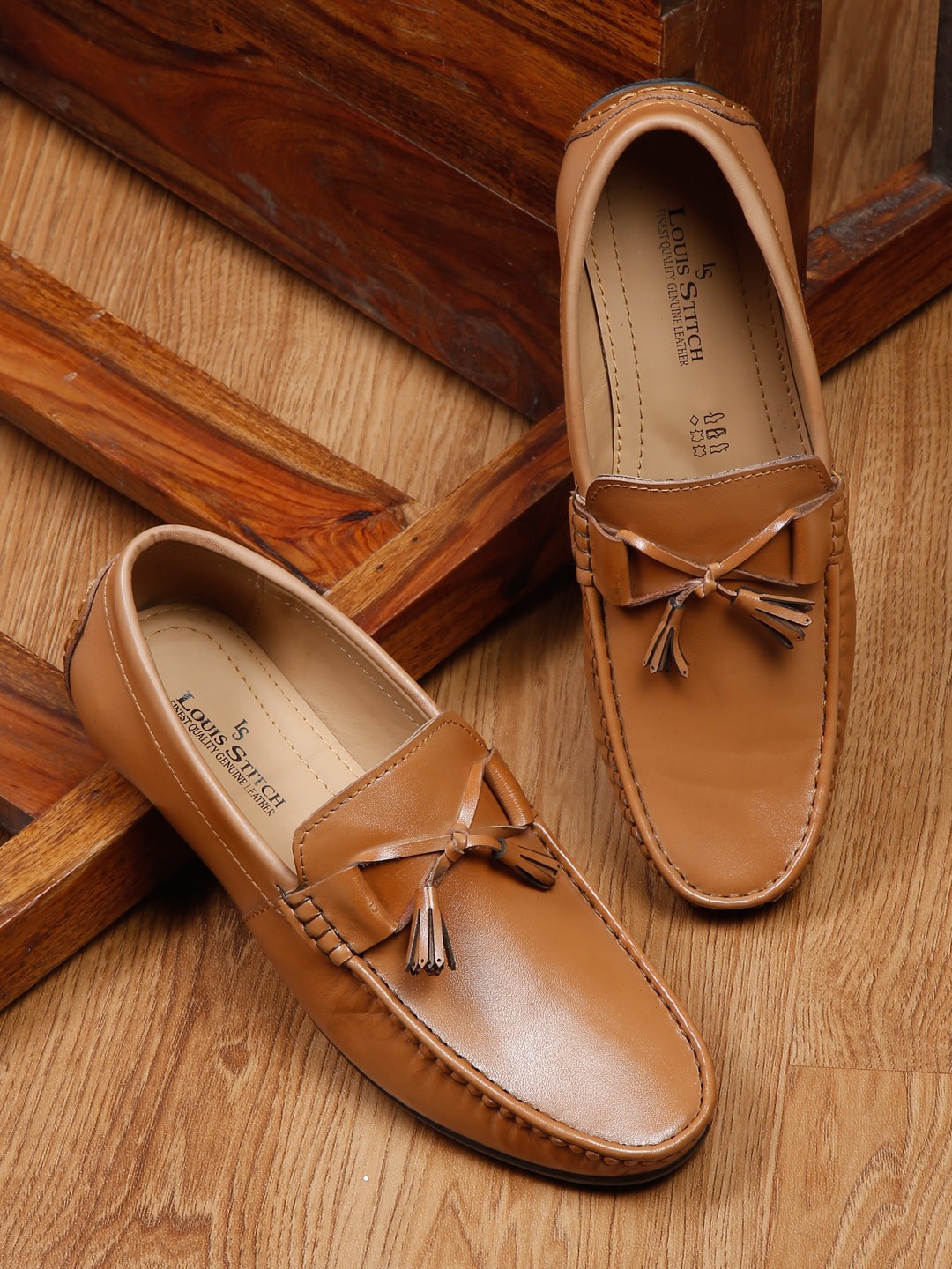 

LOUIS STITCH Men Leather Formal Loafers With Tassels, Brown