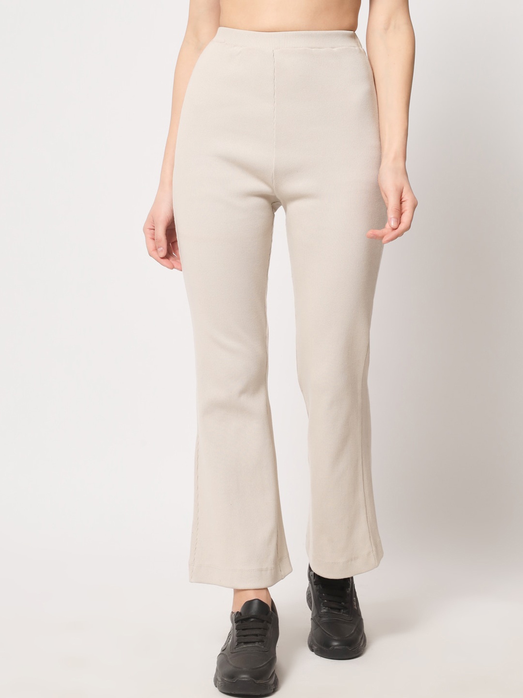 

CHARMGAL Women Rib-Knit High-Rise Trousers, Cream