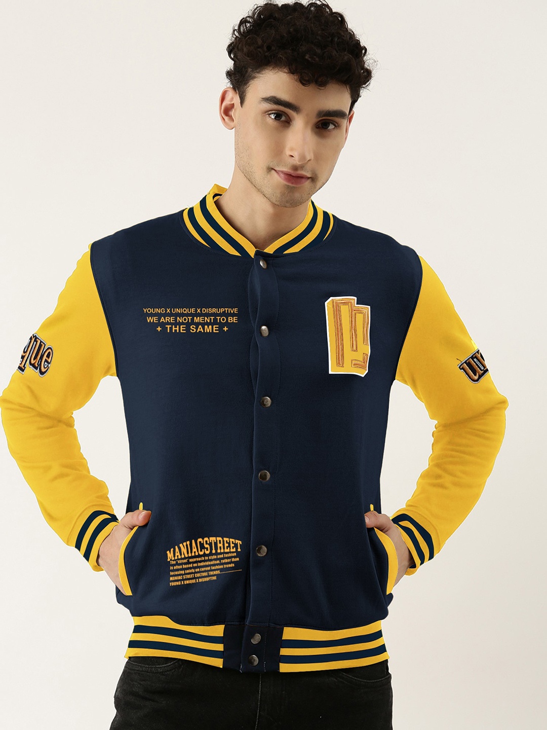 

Maniac Men Cotton Colourblocked Varsity Jacket, Yellow