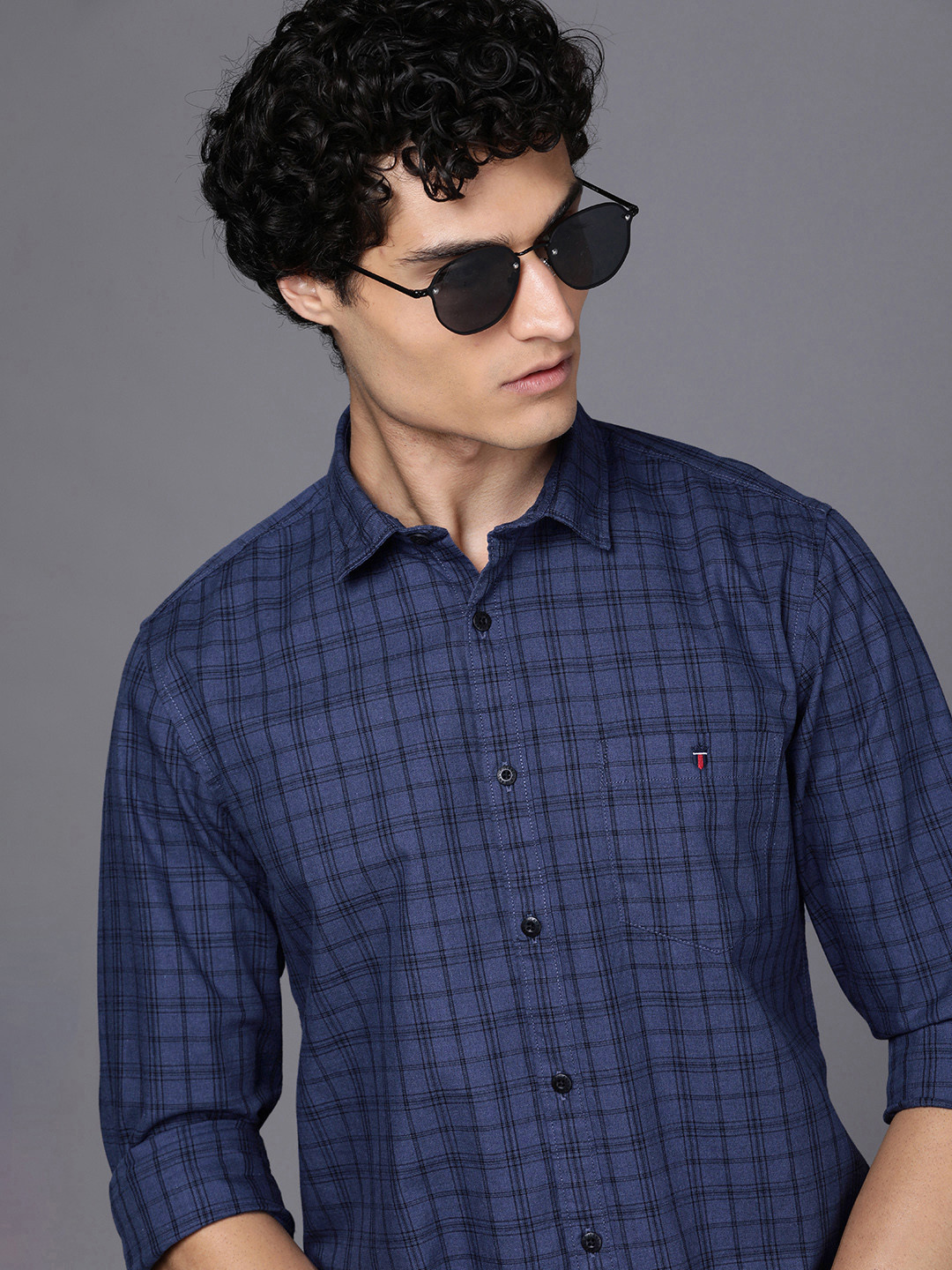 

Louis Philippe Jeans Men Pure Cotton Super Slim Fit Tartan Checks Casual Shirt, Blue