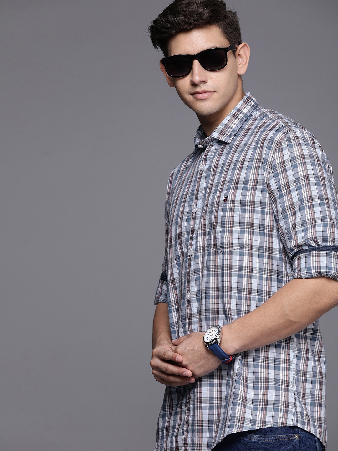 

Louis Philippe Jeans Pure Cotton Slim Fit Tartan Checked Casual Shirt, Navy blue