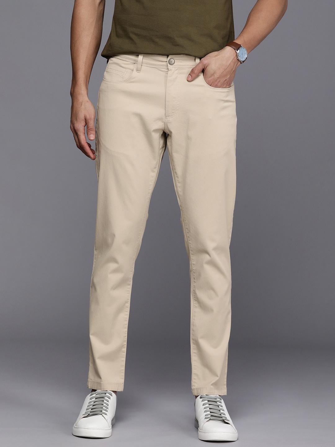 

Louis Philippe Jeans Men Comfort Tapered Fit Low-Rise Trousers, Beige