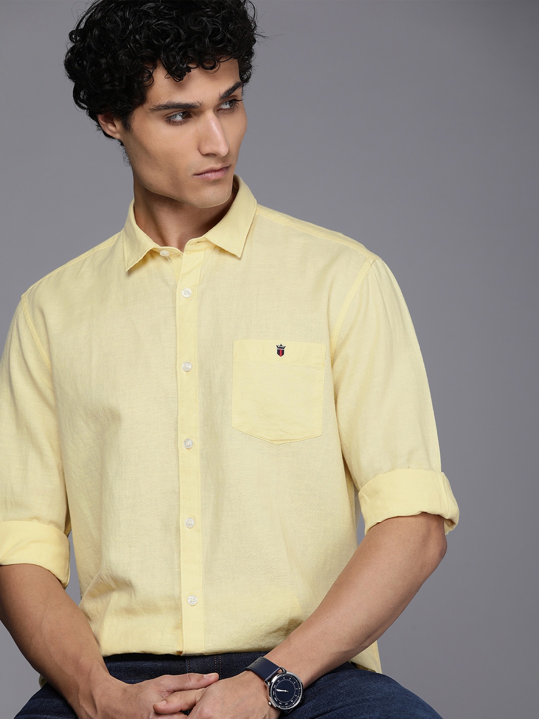 

Louis Philippe Jeans Men Solid Slim Fit Spread Collar Casual Shirt, Yellow