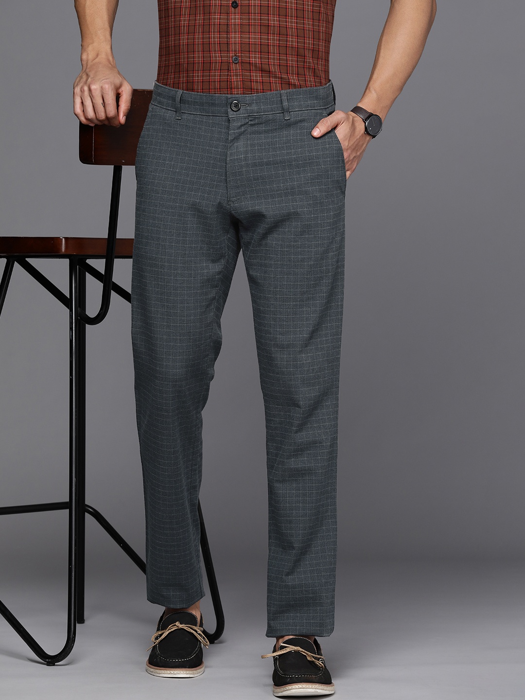 

Louis Philippe Sport Men Checked Slim Fit Trousers, Charcoal