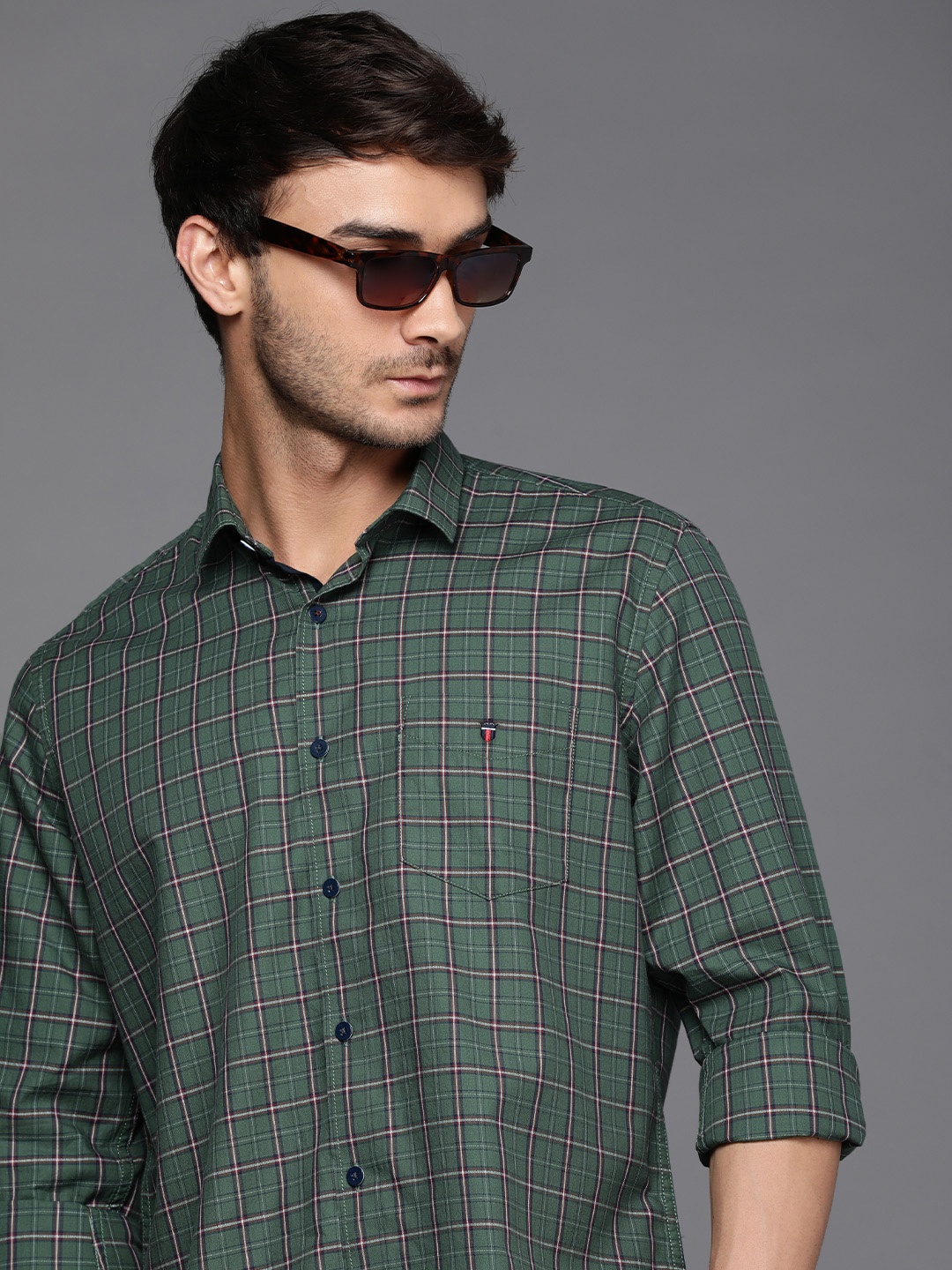 

Louis Philippe Sport Men Slim Fit Pure Cotton Checked Casual Shirt, Olive