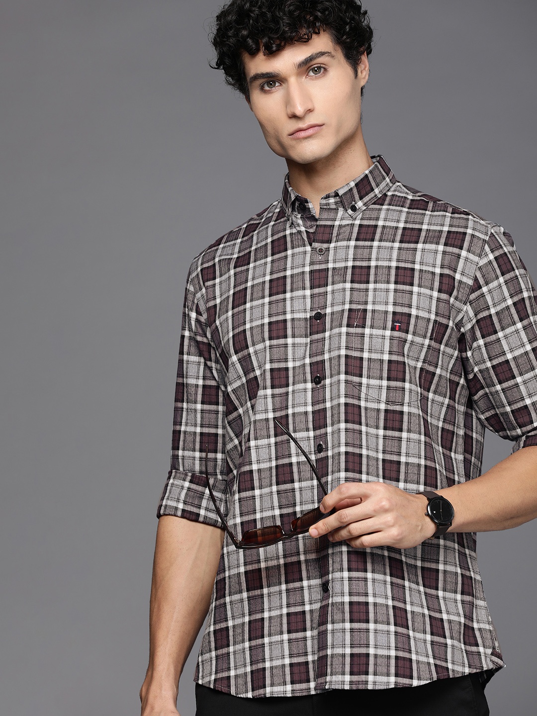

Louis Philippe Sport Men Slim Fit Tartan Checked Casual Pure Cotton Shirt, Brown
