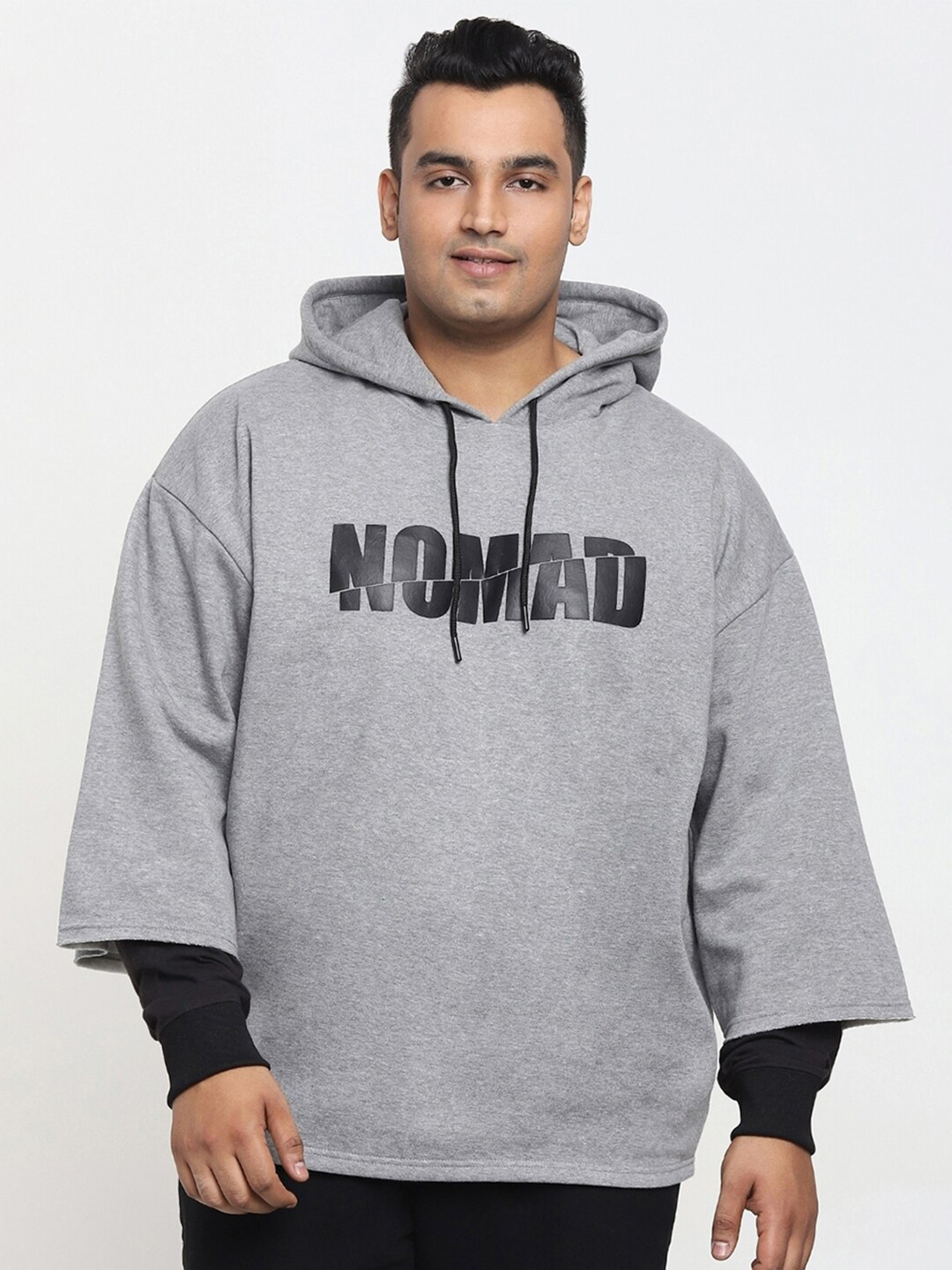 

Bewakoof Plus Men Fleece Printed Hooded Sweatshirt, Grey