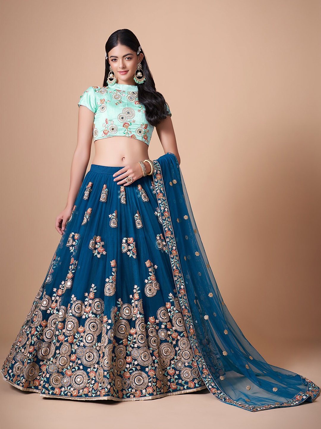 

ODETTE Embroidered Semi-Stitched Lehenga & Unstitched Blouse With Dupatta, Blue