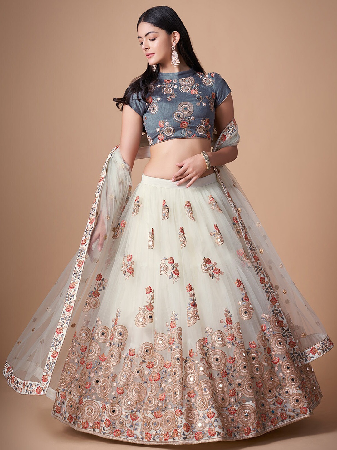 

ODETTE Embroidered Semi-Stitched Lehenga & Unstitched Blouse With Dupatta, White