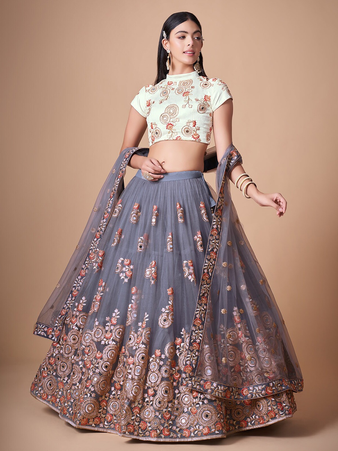 

ODETTE Embroidered Semi-Stitched Lehenga & Unstitched Blouse With Dupatta, Grey