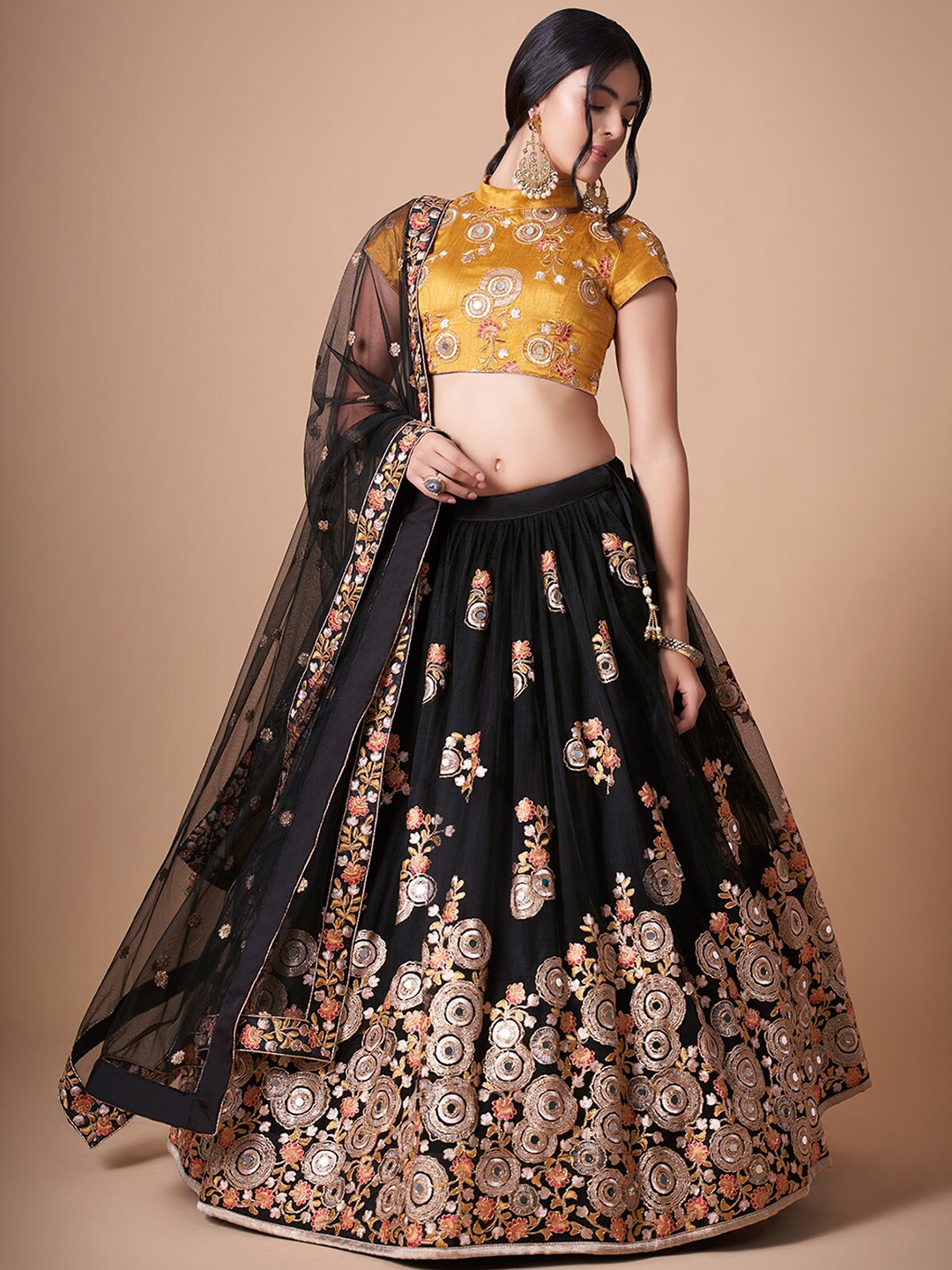 

ODETTE Embroidered Beads and Stones Semi-Stitched Lehenga & Unstitched Blouse With Dupatta, Black