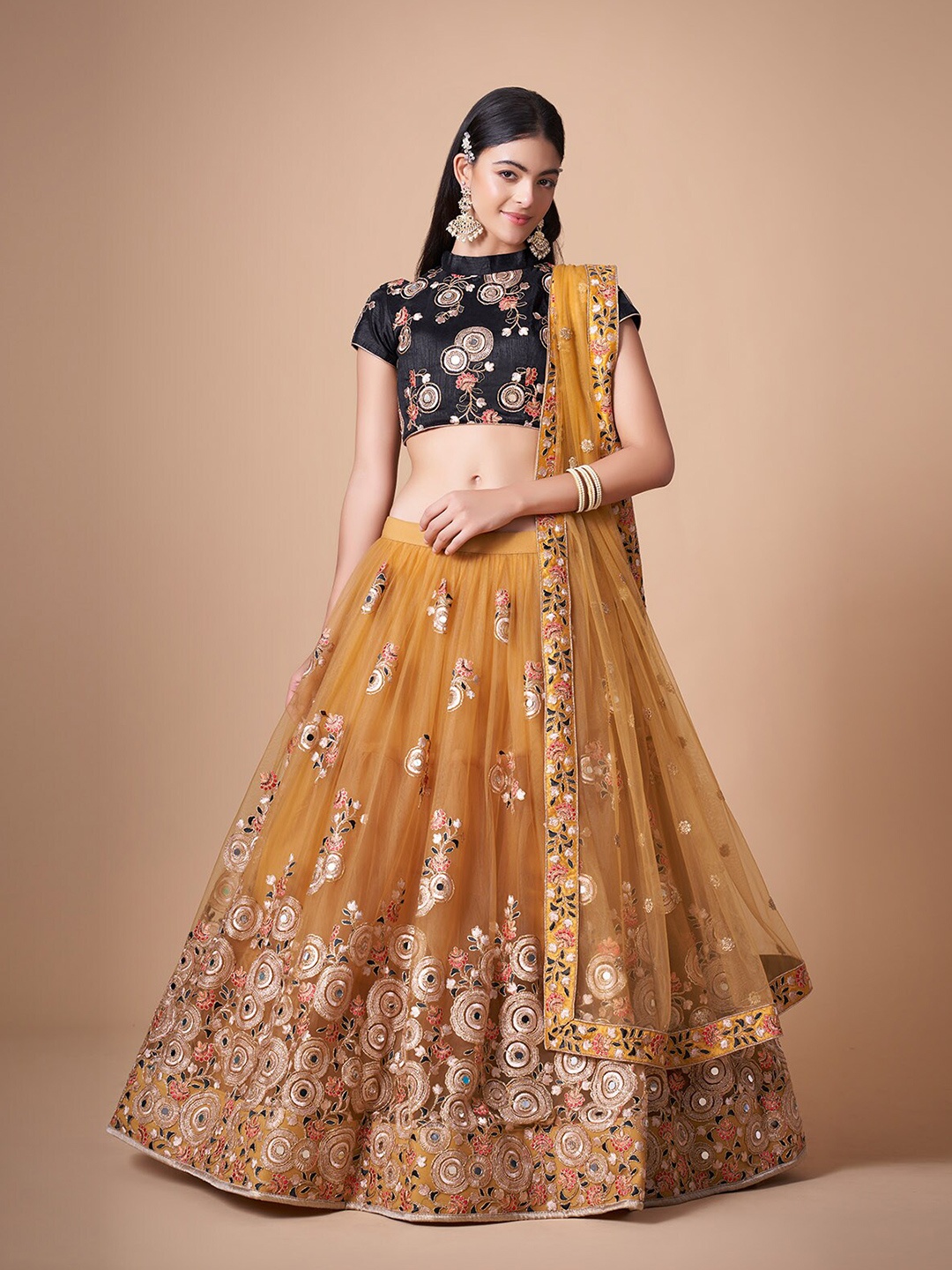 

ODETTE Embroidered Beads and Stones Semi-Stitched Lehenga & Unstitched Blouse With Dupatta, Yellow