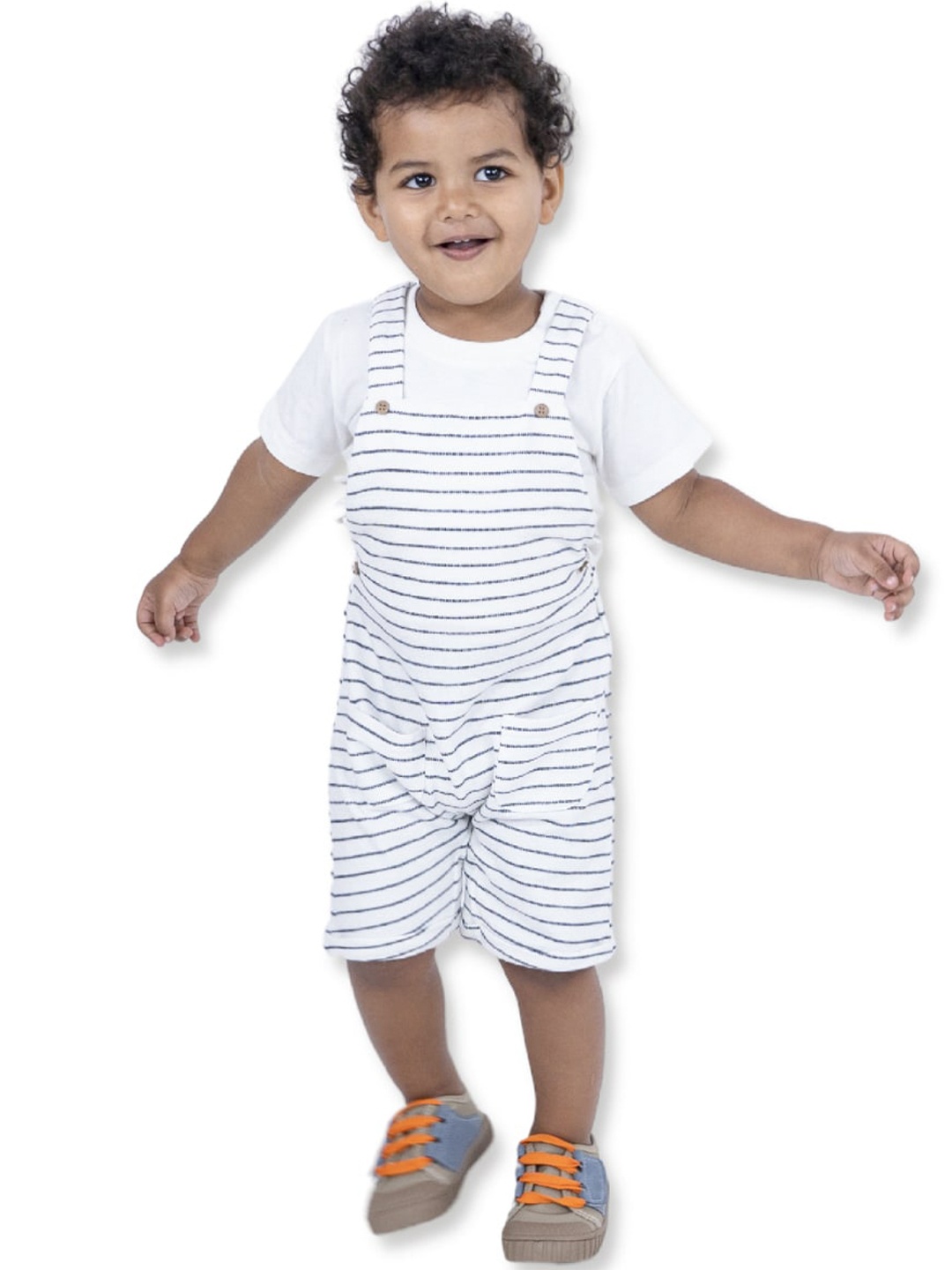 

haus & kinder Boys Straight Fit Striped Cotton Dungaree With T-Shirt, Blue