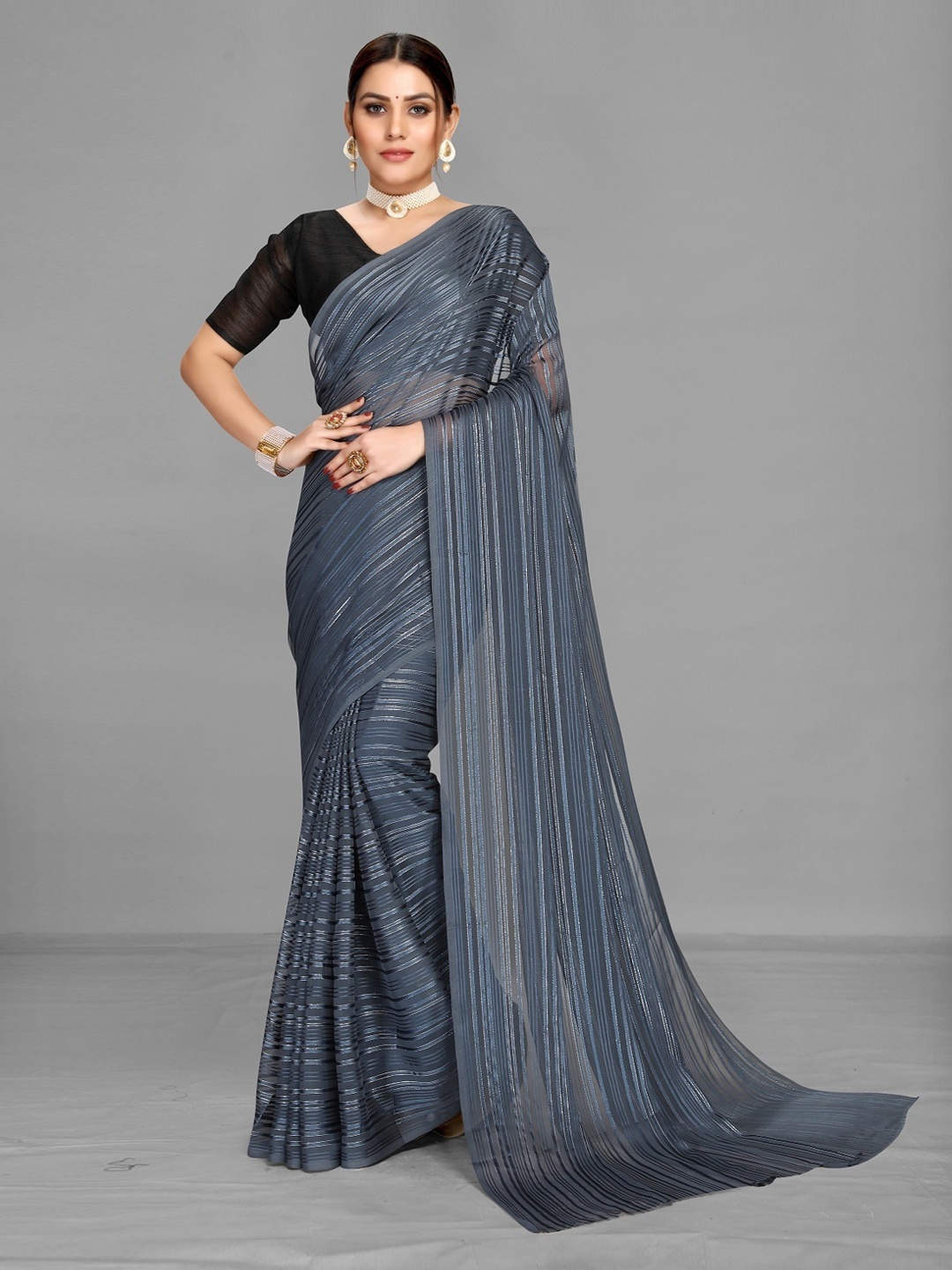 

Ethnic Yard Striped Saree, Grey