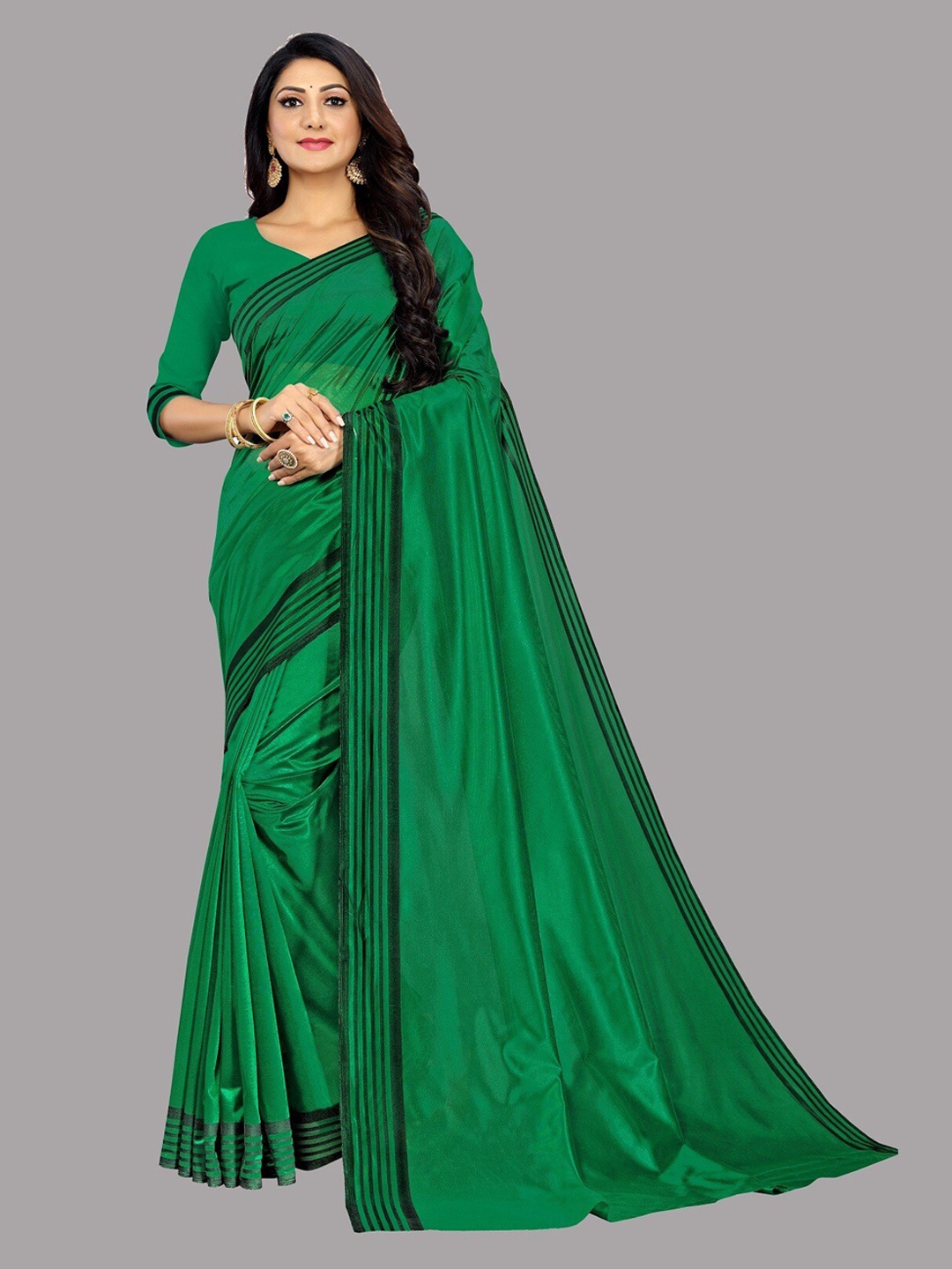 

Ethnic Yard Striped Bordered Saree, Green