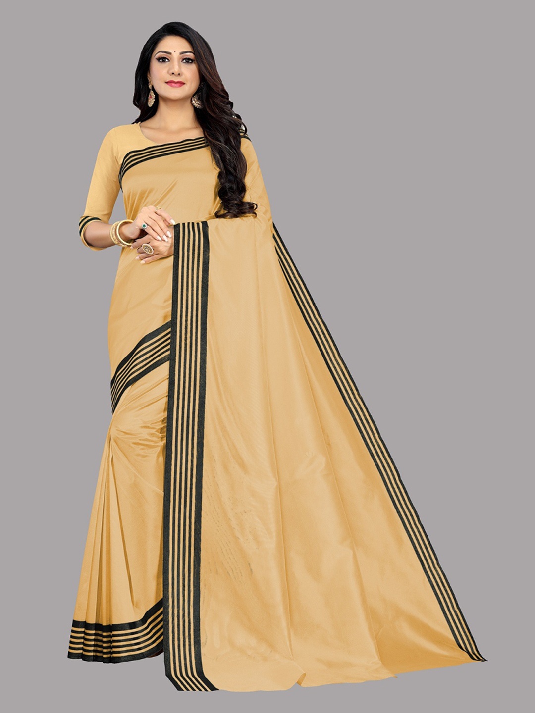 

Ethnic Yard Printed Border Saree, Beige
