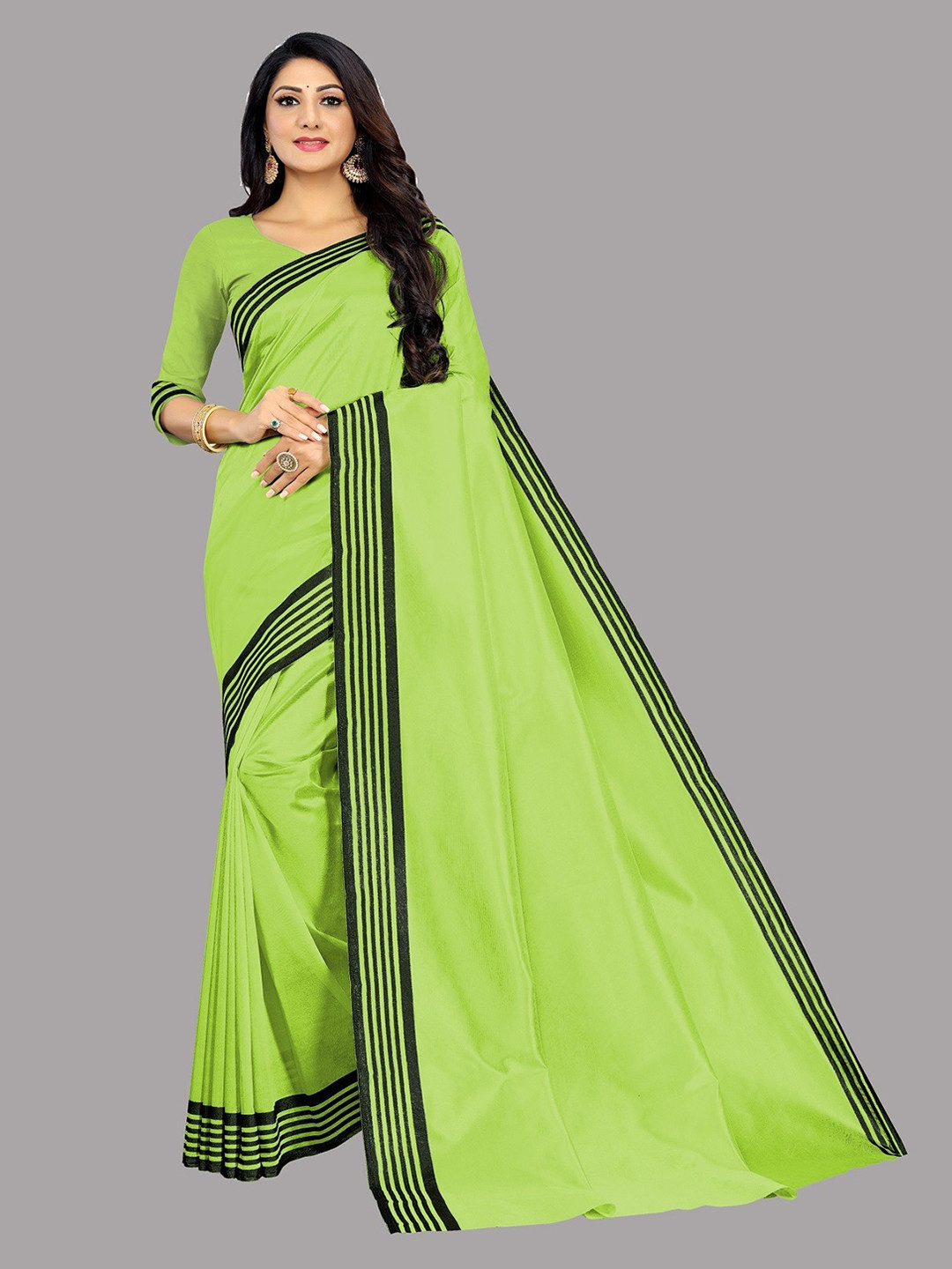 

Ethnic Yard Striped Border Saree, Lime green
