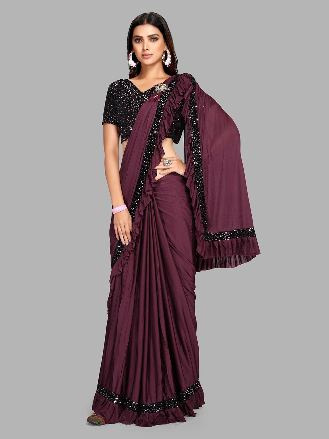 

Ethnic Yard Sequined Embellished Ruffles Saree, Purple