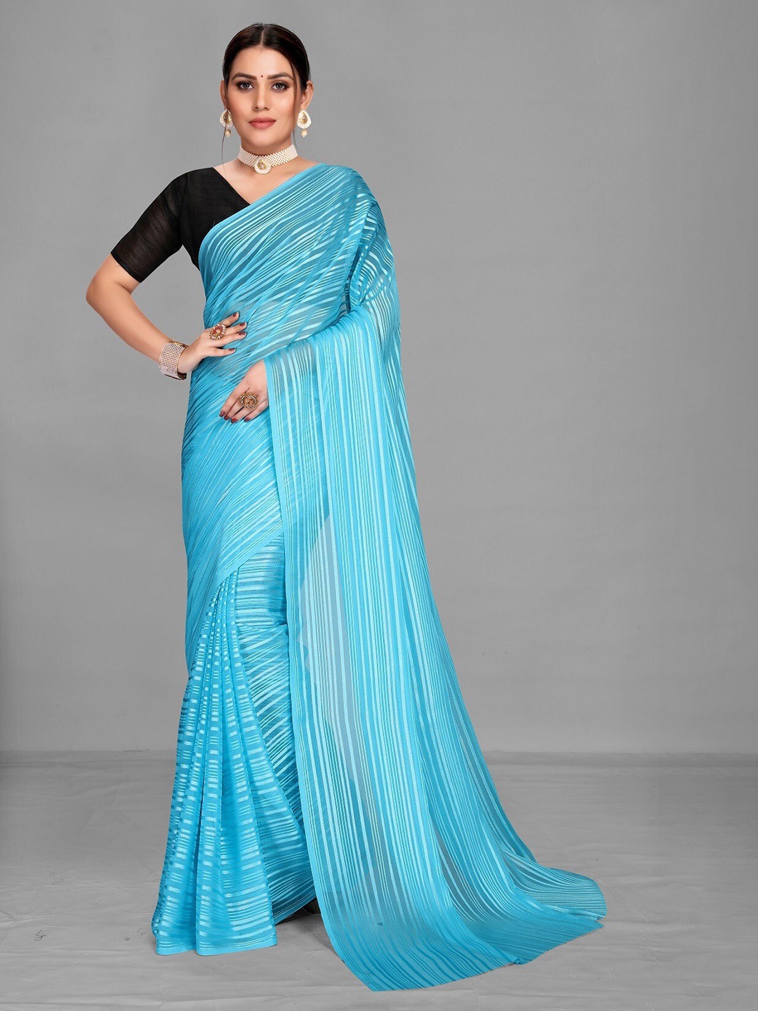 

Ethnic Yard Striped Poly Georgette Saree, Blue