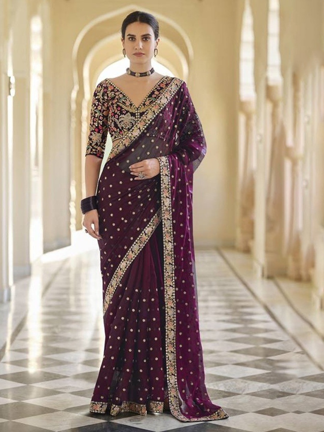 

Ethnic Yard Purple Woven Design Embroidered Silk Blend Saree