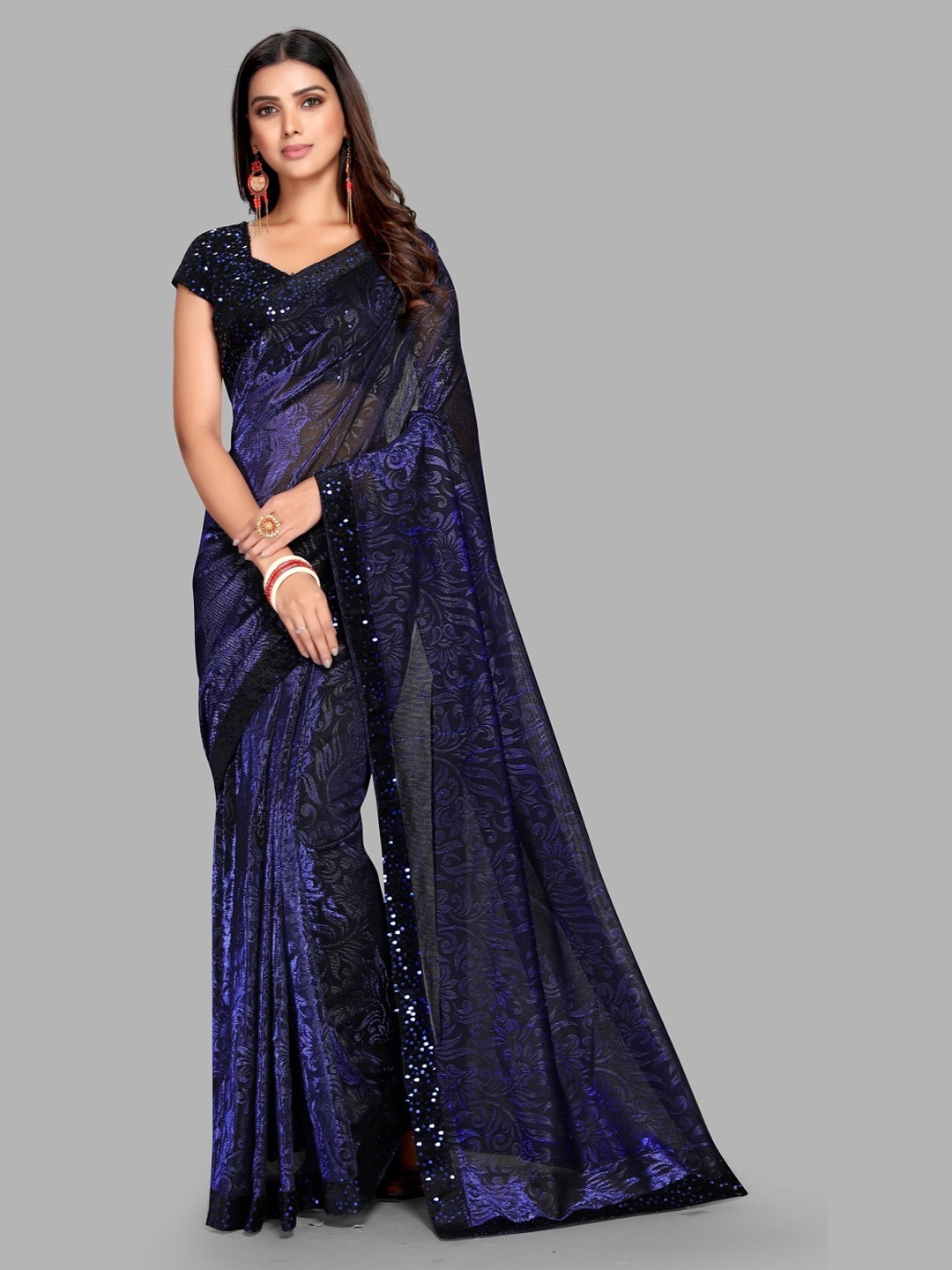 

Ethnic Yard Floral Embellished Border Saree, Blue