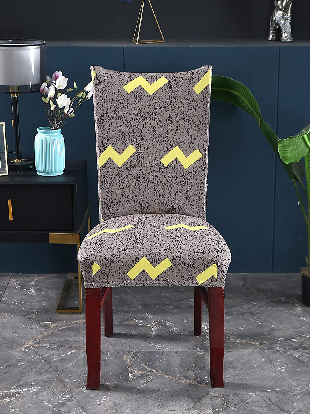 

HOUSE OF QUIRK Grey and Yellow Set Of 2 Printed Chair Covers