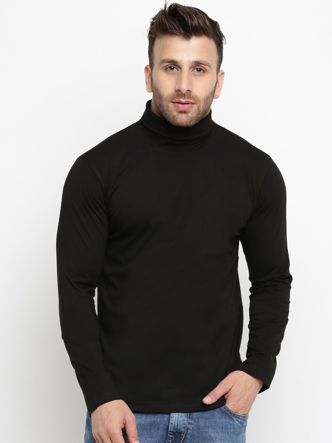

GRITSTONES Men Turtle Neck Cotton T-shirt, Black