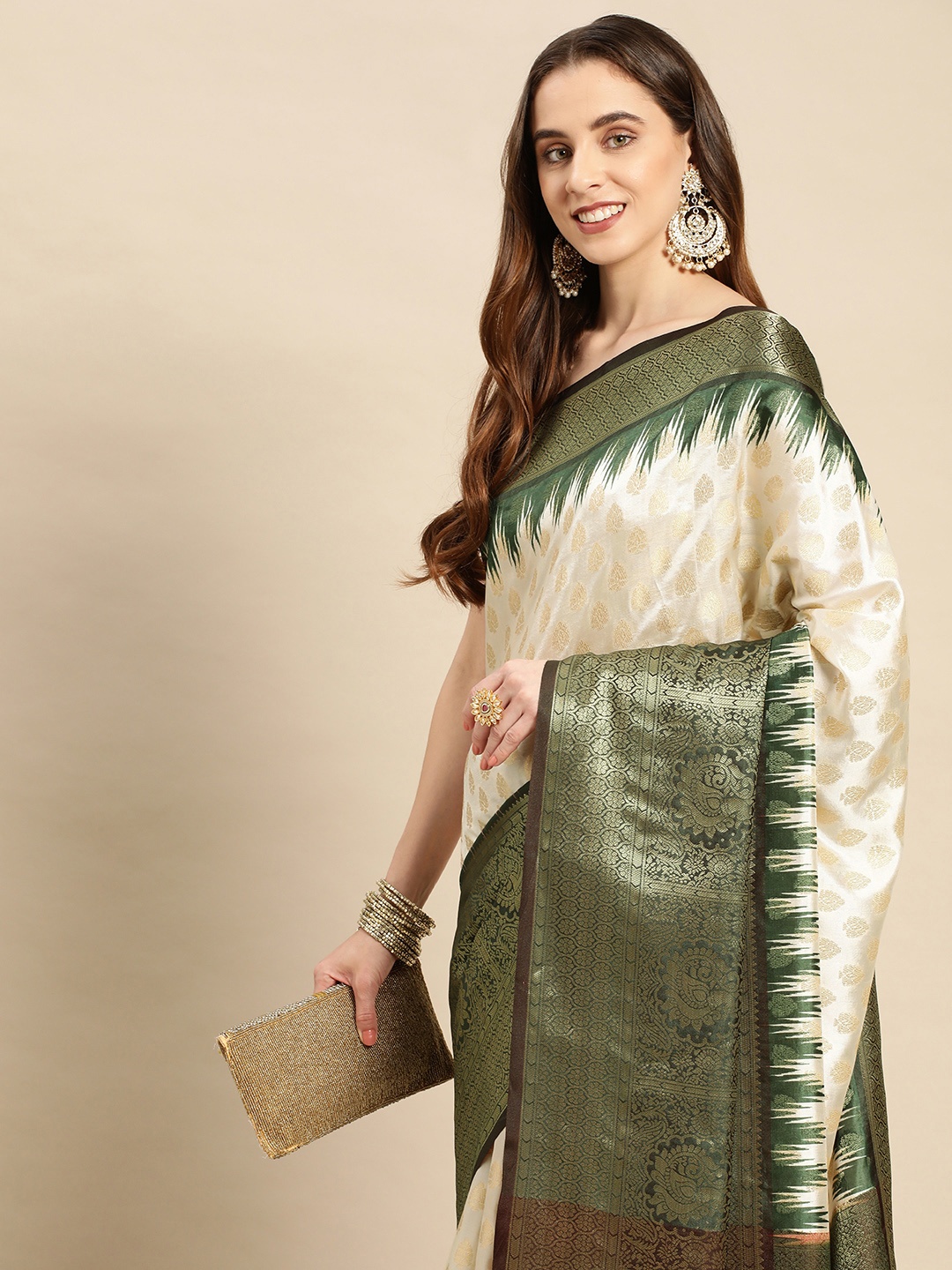 

VASTRANAND Ethnic Motifs Zari Silk Blend Banarasi Saree, Green