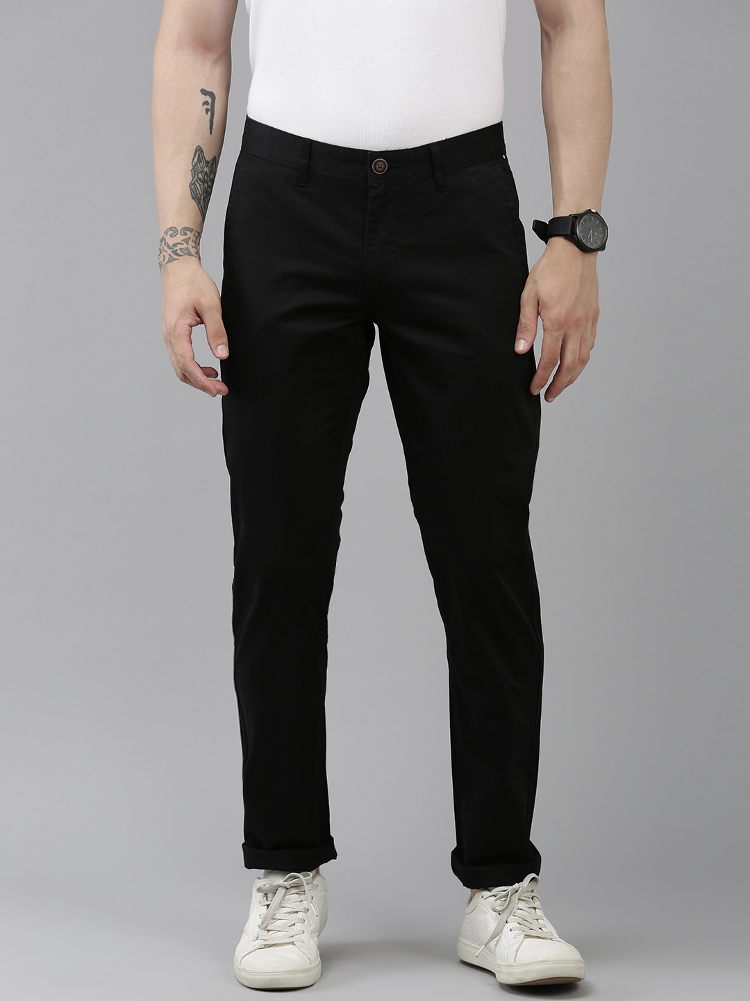 

Van Heusen Sport Men Pure Cotton Flat Front Mid Rise Slim Fit Trousers, Black