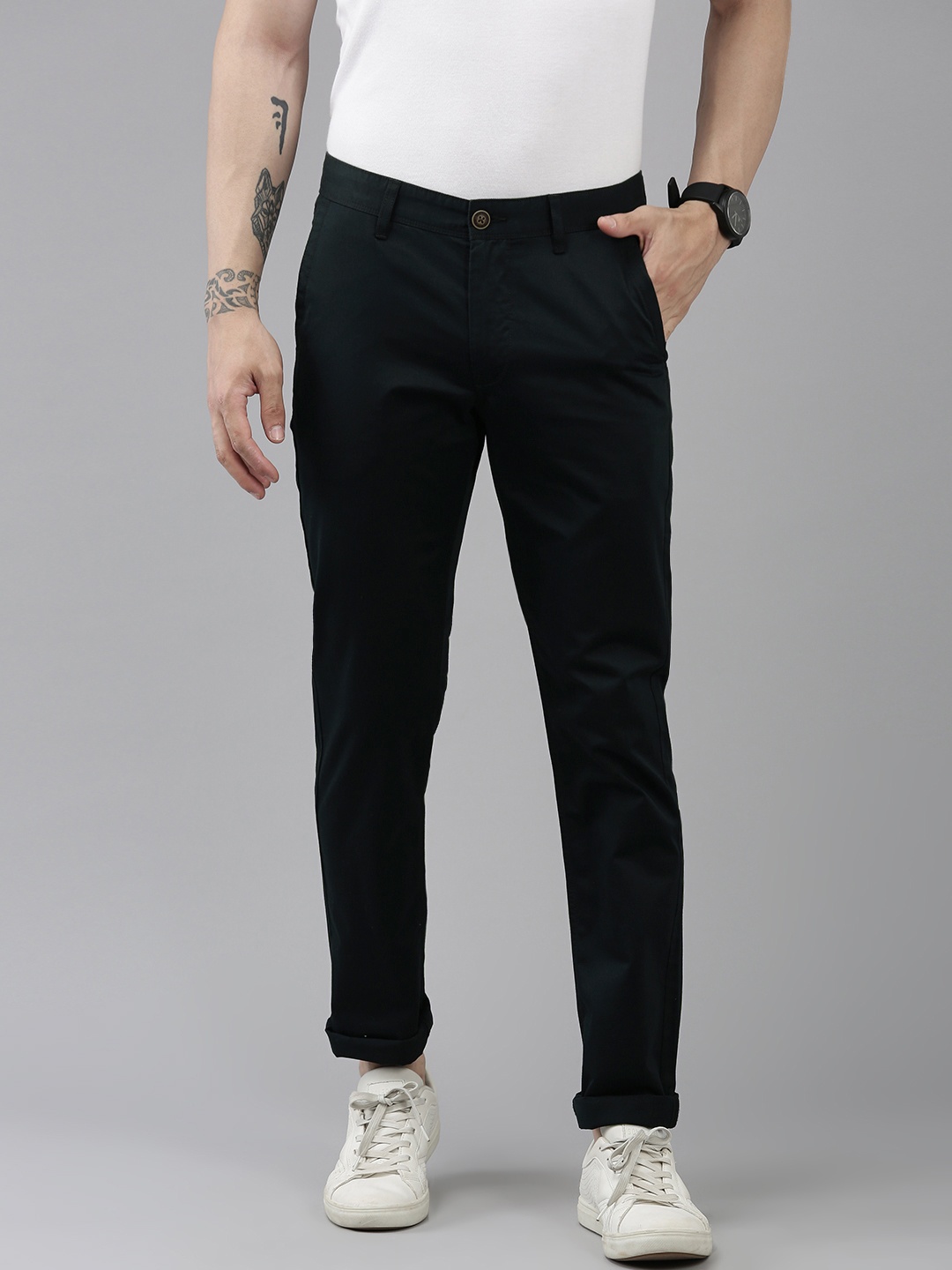 

Van Heusen Sport Men Pure Cotton Solid Slim Fit Mid-Rise Trousers, Navy blue
