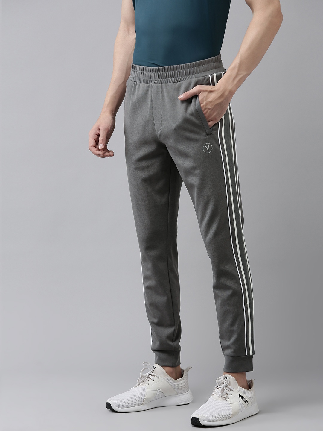 

Van Heusen Flex Men Slim Fit Joggers with Striped Detail, Grey
