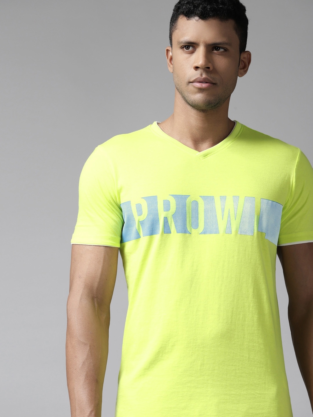 Prowl Brand Logo Printed Detail V-Neck T-shirt, Fluorescent green