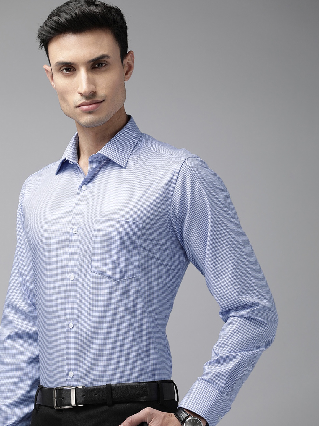 

Van Heusen Men Pure Cotton Custom Fit Micro Checks Formal Shirt, Blue