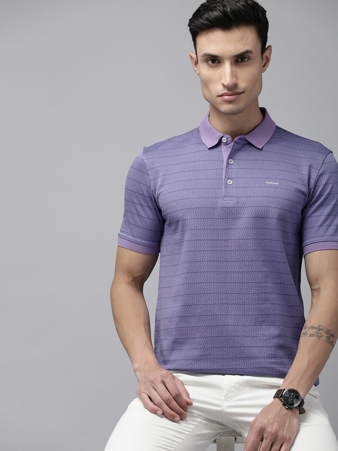 

Van Heusen Men Striped Polo Collar Pure Cotton T-shirt, Purple