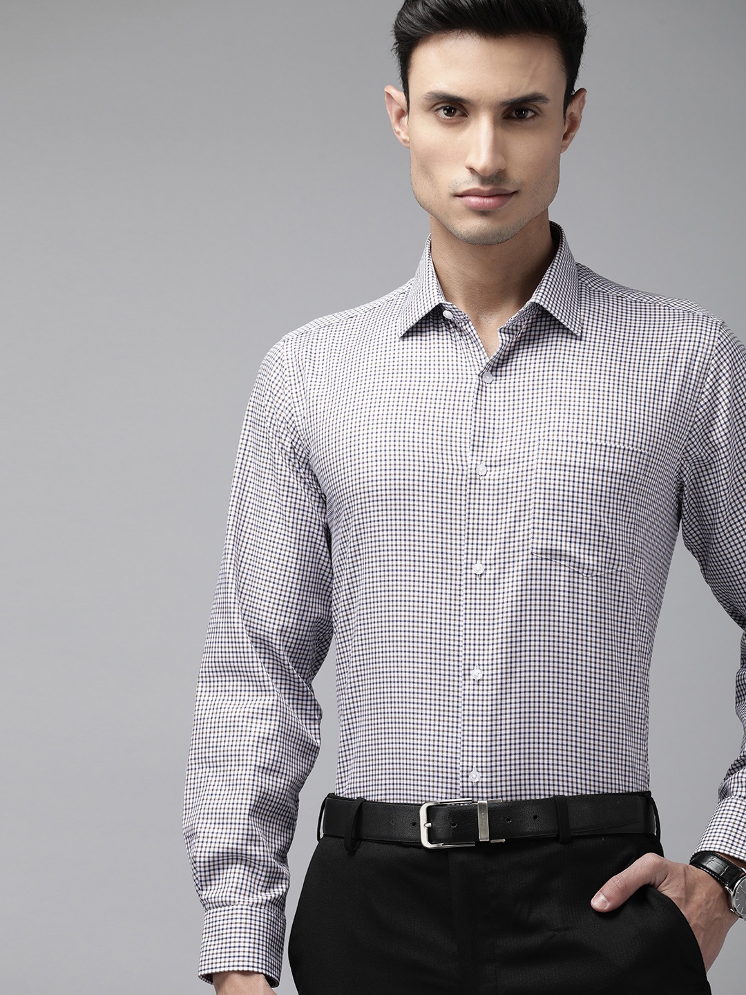 

Van Heusen Men Pure Cotton Custom Fit Micro Checks Formal Shirt, Navy blue