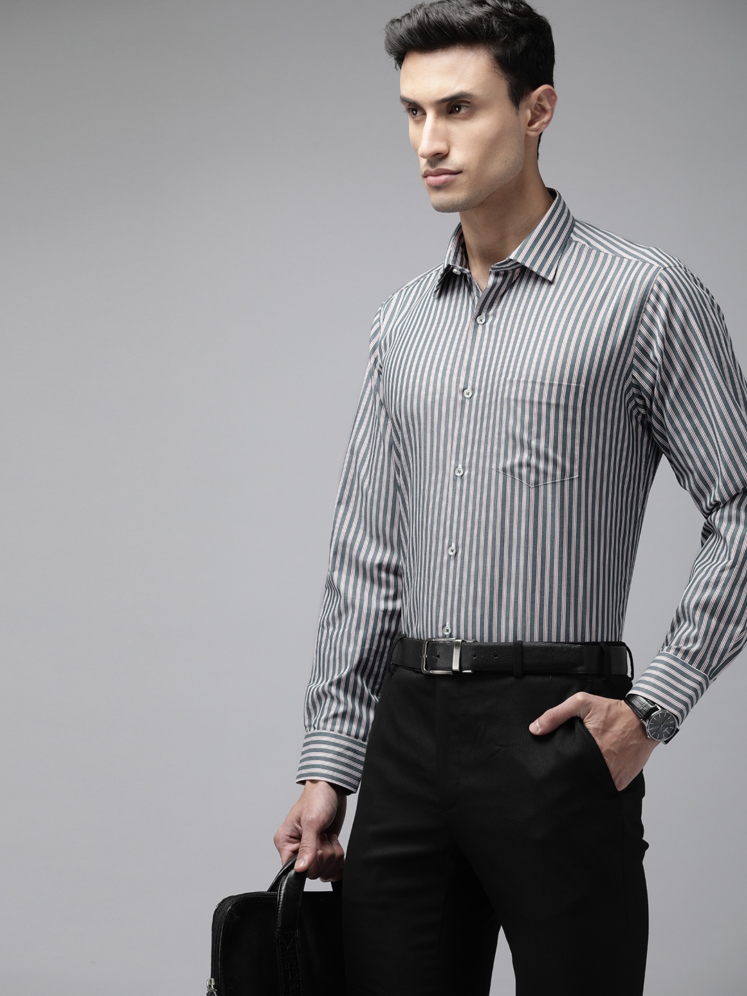 

Van Heusen Men Pure Cotton Custom Fit Striped Formal Shirt, Olive