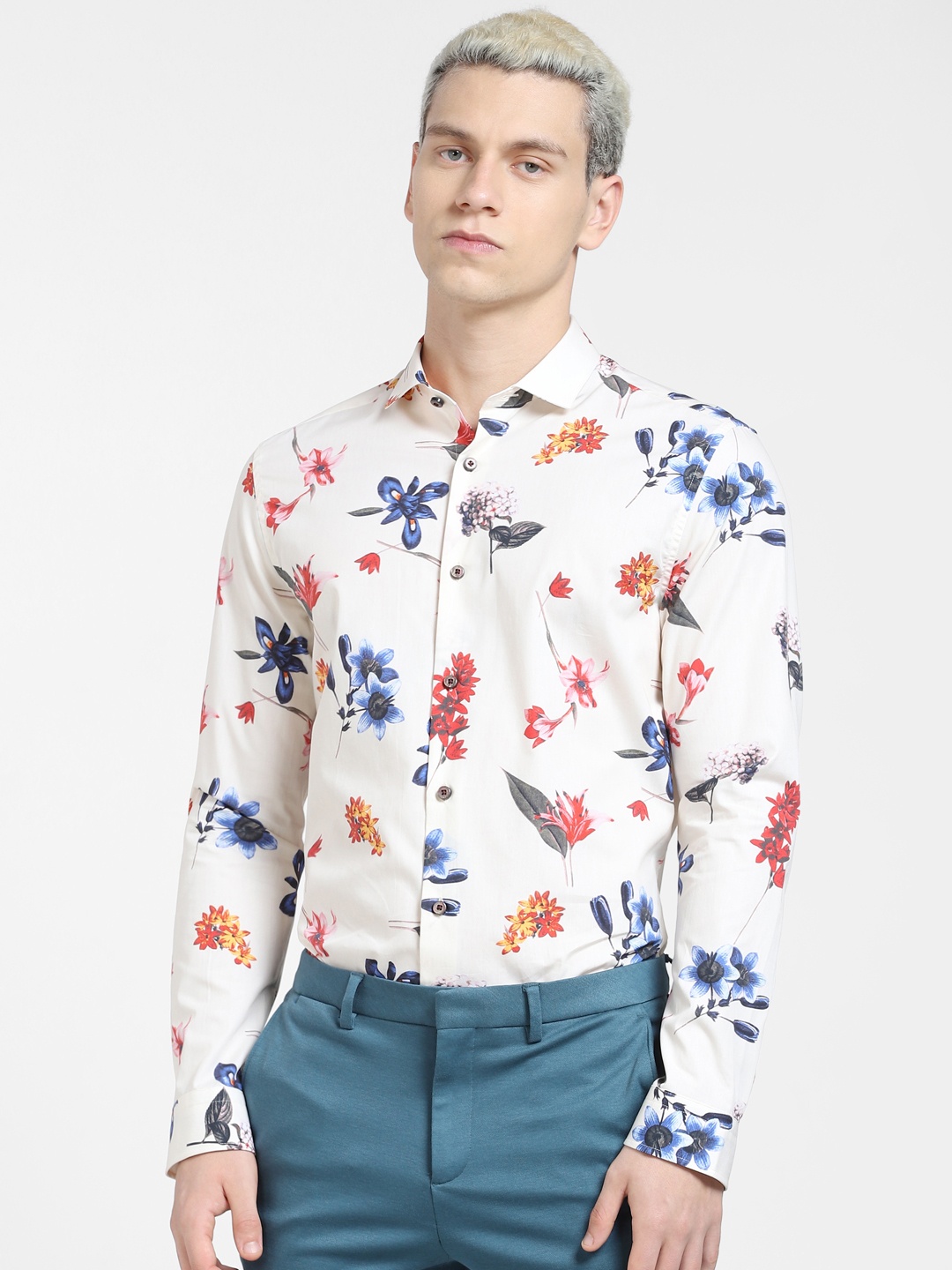 Jack & Jones Men White Slim Fit Floral Printed Formal Shirt