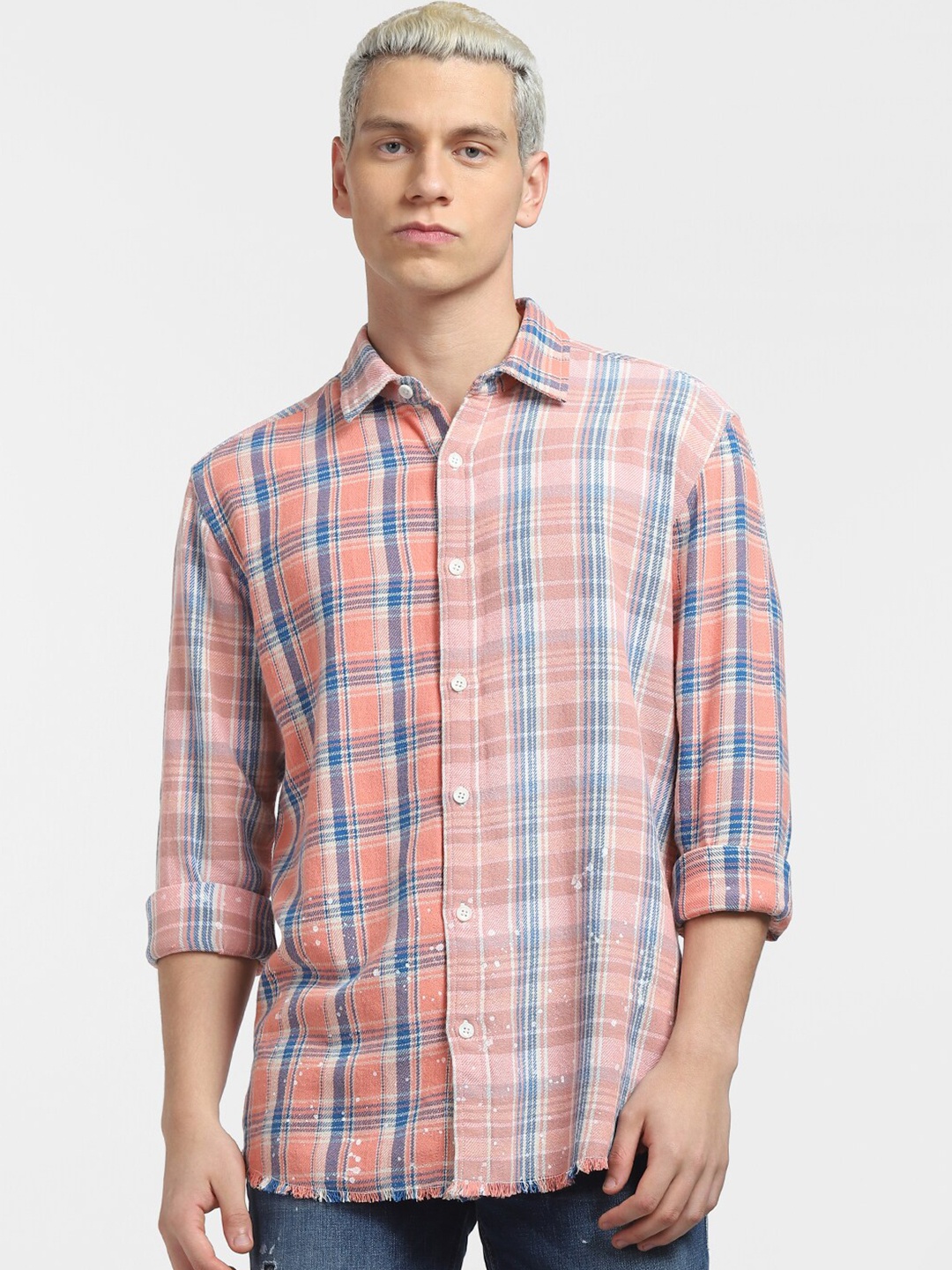 

Jack & Jones Men Pink Tartan Checks Checked Casual Shirt