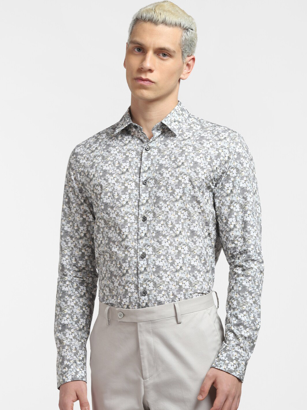

Jack & Jones Men Slim Fit Floral Printed Formal Cotton Shirt, Grey
