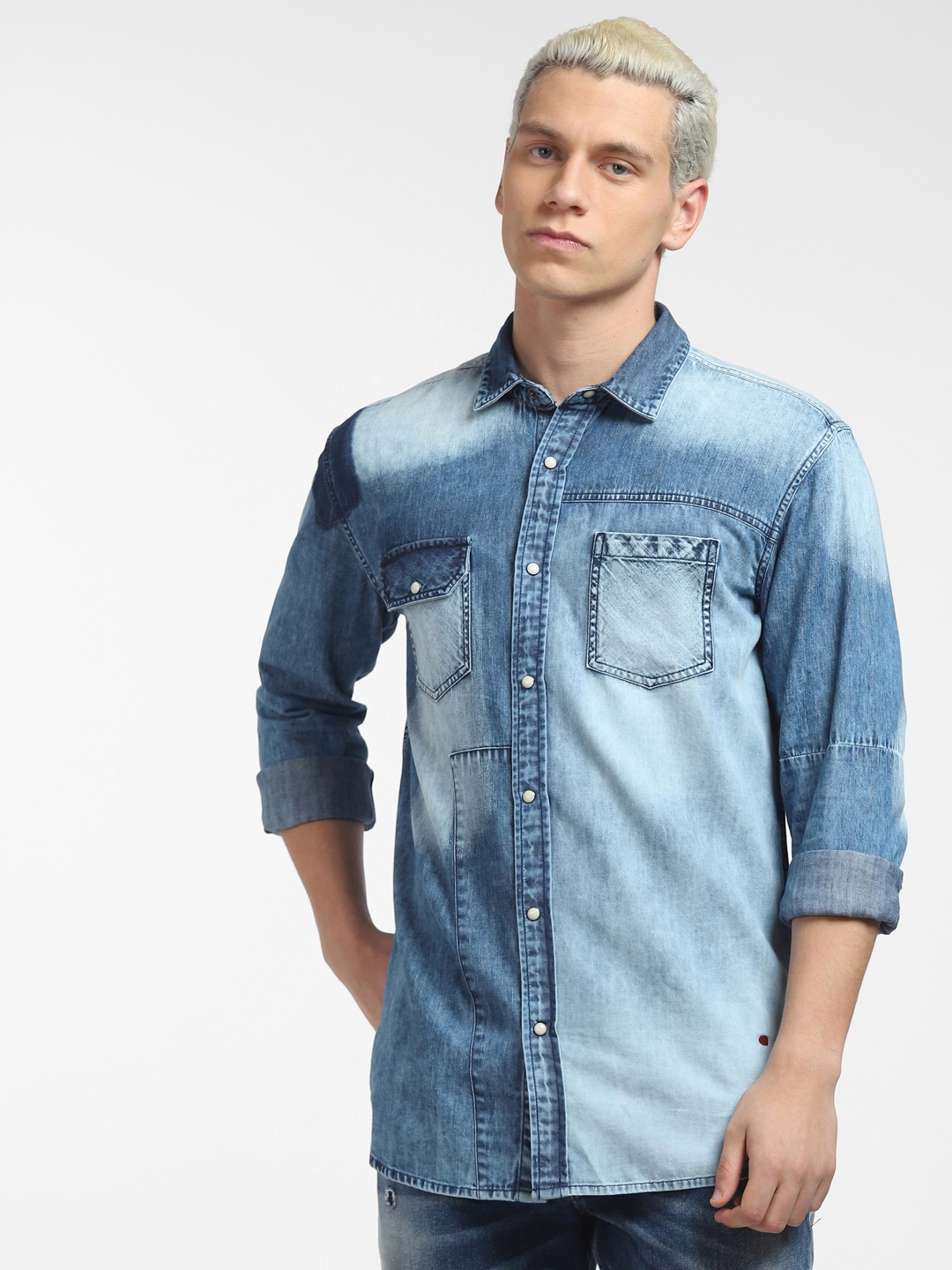 

Jack & Jones Men Blue Faded Faded Casual Shirt