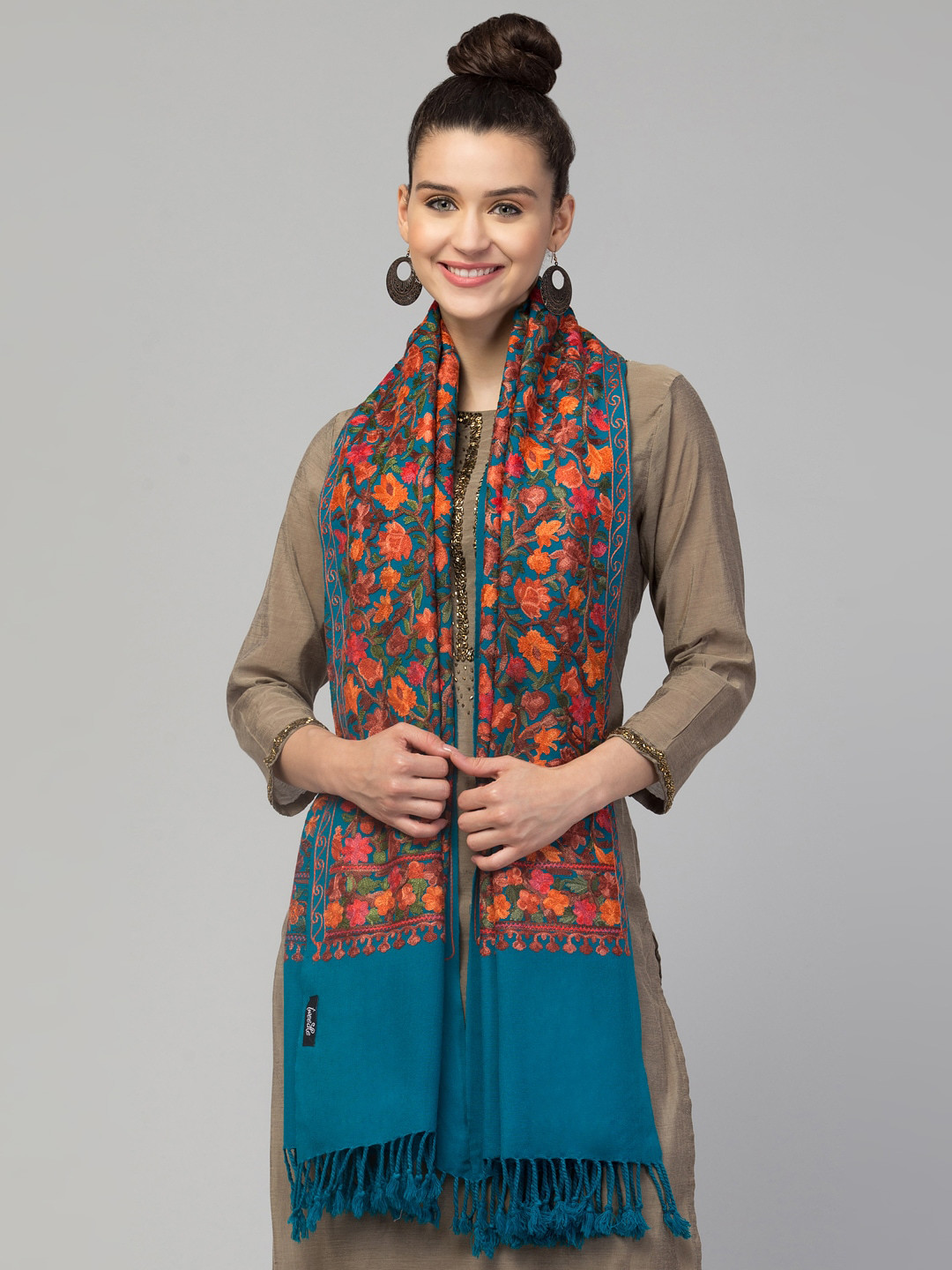 

Tweedle Women Embroidered Floral Printed Acrylic Wool Shawl, Teal