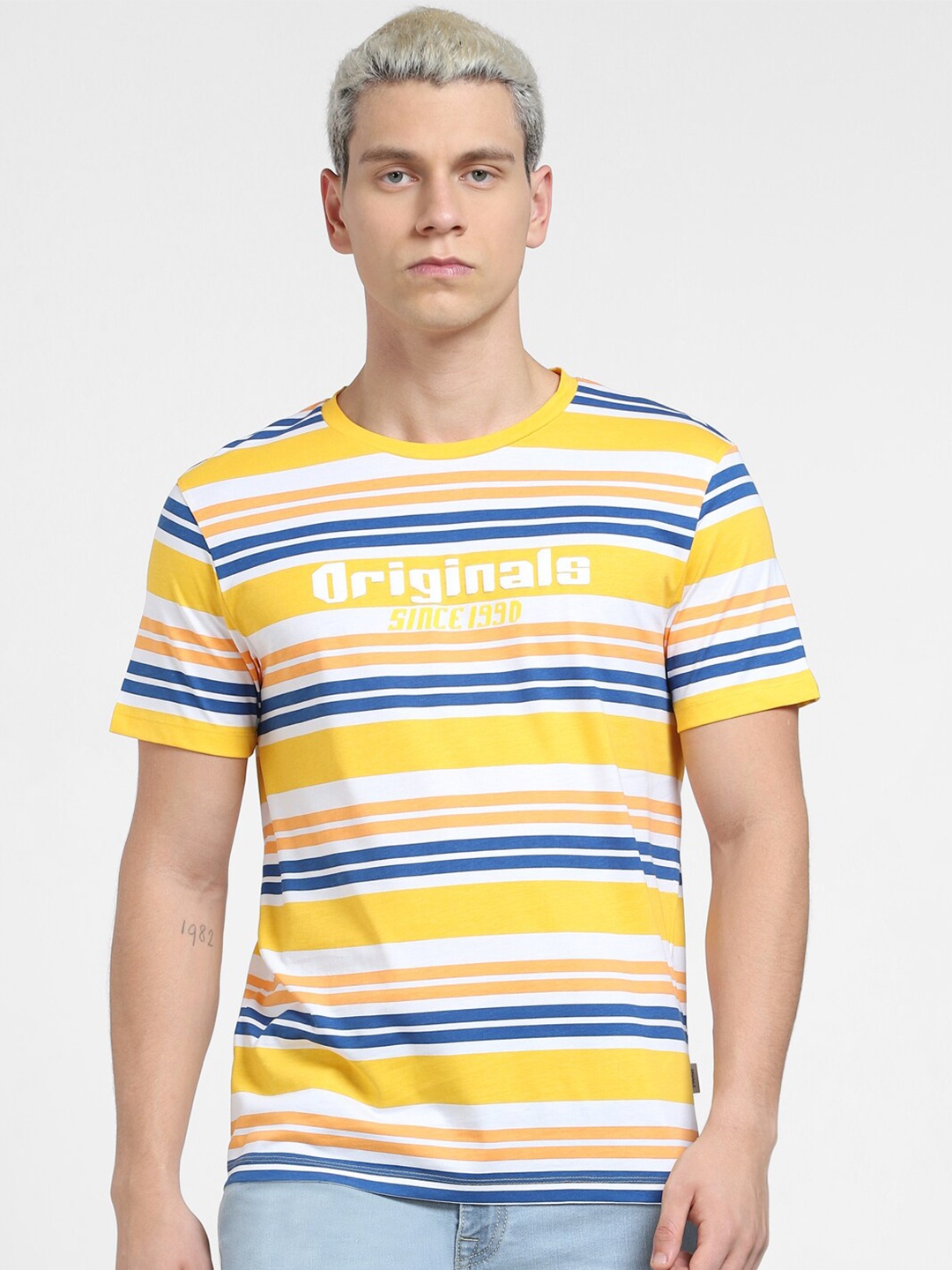 

Jack & Jones Men Striped Cotton T-shirt, Yellow