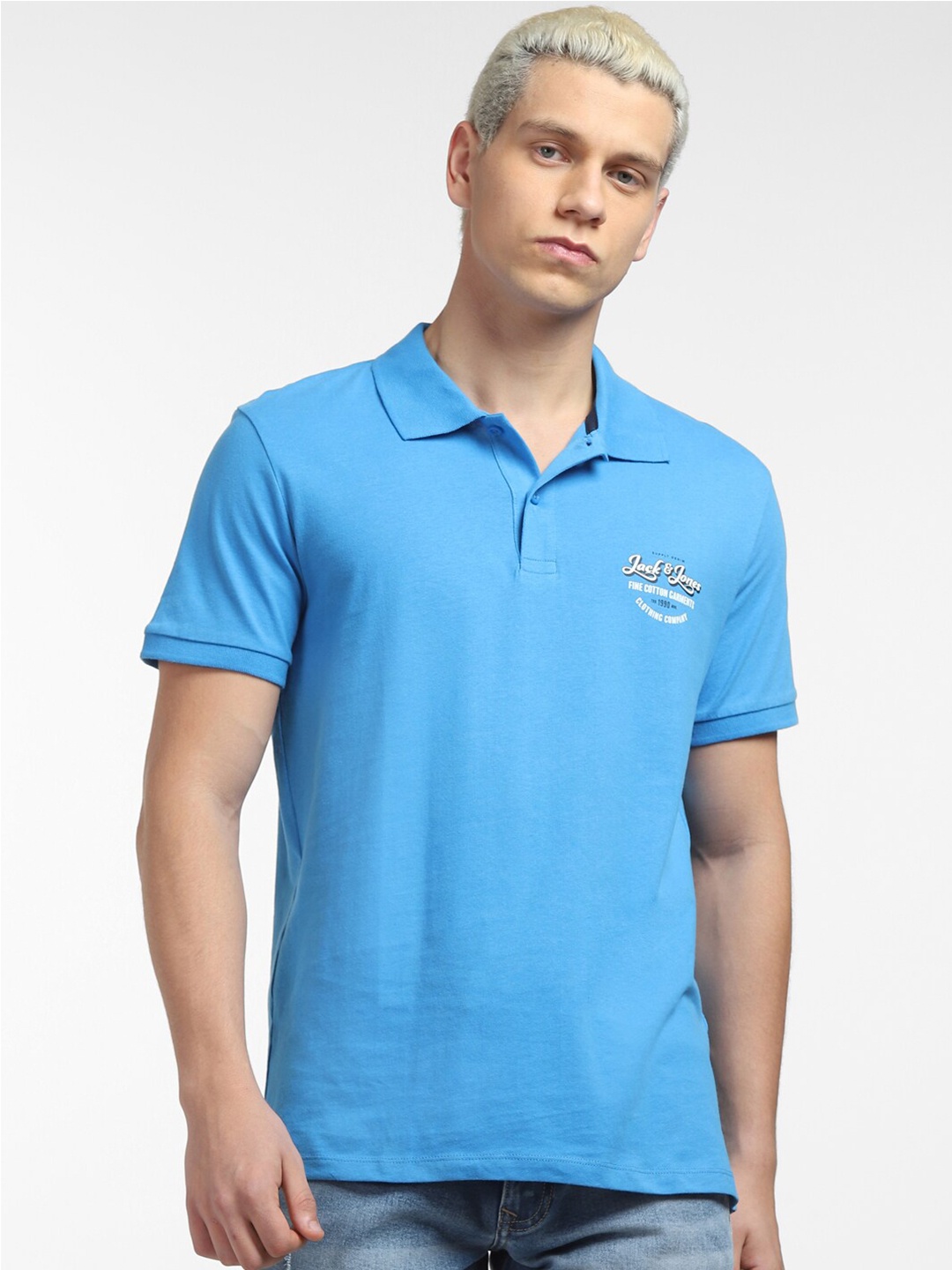 

Jack & Jones Men Brand Logo Printed Polo Collar Slim Fit Cotton T-shirt, Blue