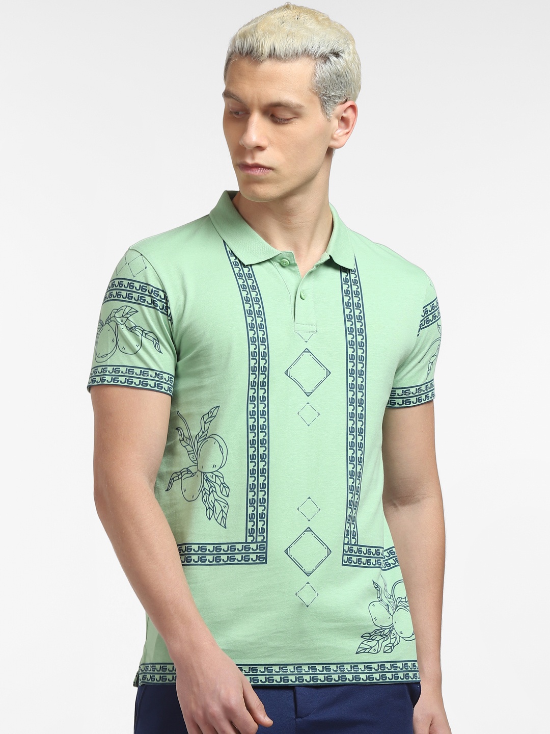 

Jack & Jones Men Printed Polo Collar Slim Fit Cotton T-shirt, Sea green