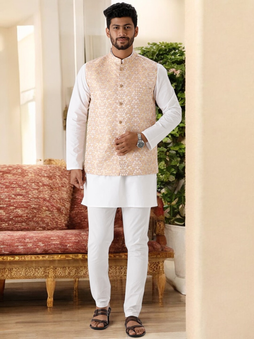 

Ramraj Men Woven Design Nehru Jacket, Cream