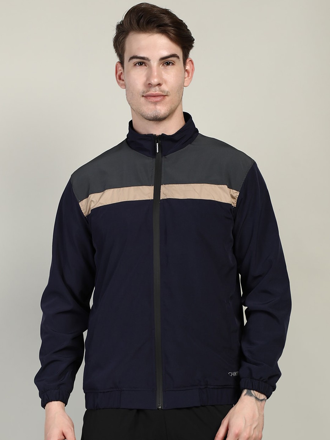 

CHKOKKO Men Colourblocked Windcheater and Water Resistant Training or Gym Bomber Jacket, Grey
