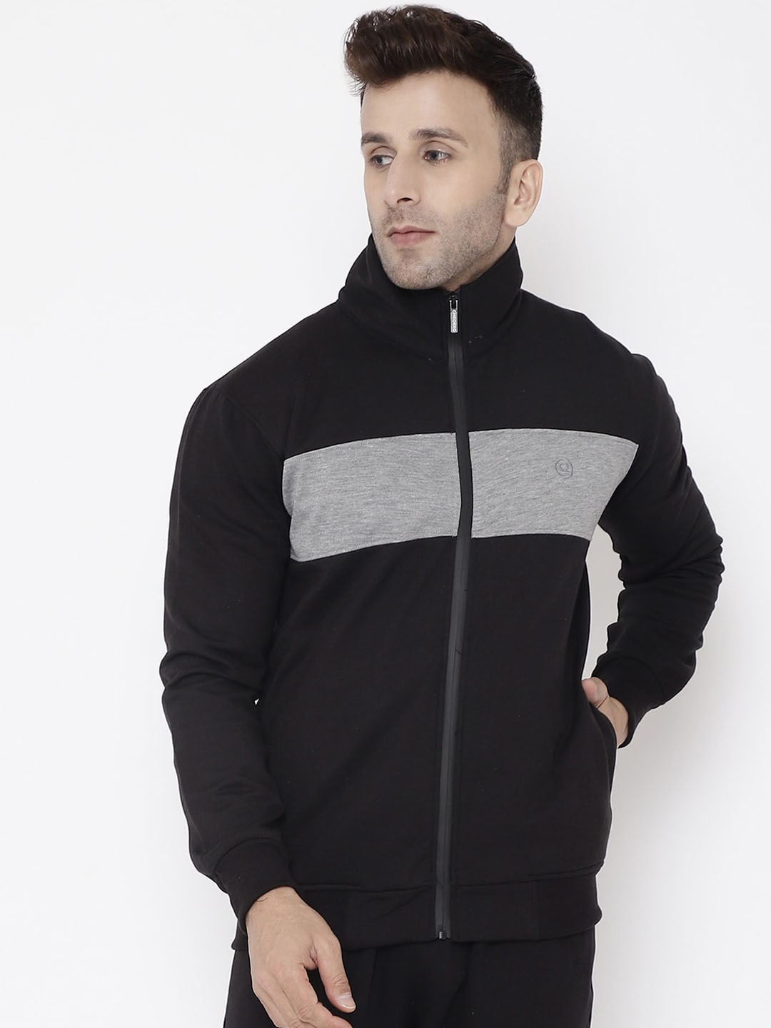 

CHKOKKO Men Colourblocked Fleece Training or Gym Bomber Jacket, Black