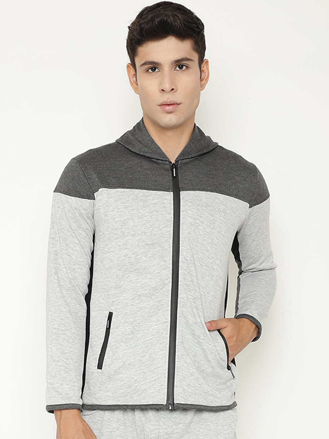 

CHKOKKO Men Colourblocked Fleece Training or Gym Sporty Jacket, Grey