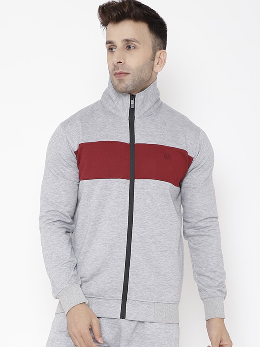 

CHKOKKO Men Colourblocked Fleece Sporty Jacket, Grey